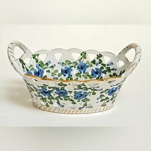 Andrea by Sadek Reticulated Basket  6.5" x 3.75" Handpainted Floral Gold Trim